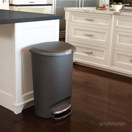 simplehuman 50 Liter / 13 Gallon Semi-Round Kitchen Step Trash Can with Secure Slide Lock, Grey Plastic