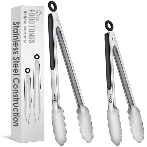 Hotec Stainless Steel Kitchen Tongs, Set of 2-9" and 12", Locking Metal Food Tongs for Cooking, Serving, BBQ, Grill Non-Slip Grip