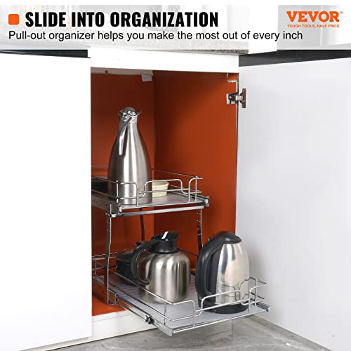 VEVOR Pull Out Cabinet Organizer, 14" Wx21.2 Dx15.2 H Heavy 2 Tier Duty Slide Out Pantry Shelves, Chrome-Plated Steel Roll Out Drawer for Under Sink, 15.5" Wx22.5 Dx19 H Install Size for Cabinet