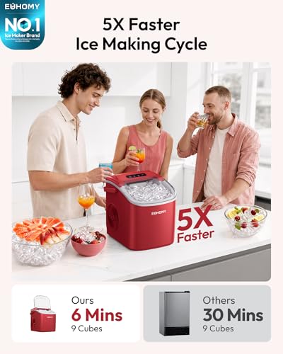 EUHOMY Countertop Ice Maker Machine with Handle, 26lbs Per Day, 9 Ice Cubes Ready in 6 Mins, Auto-Cleaning Portable Ice Maker with Basket and Scoop, for Home/Kitchen/Camping/RV (Red)