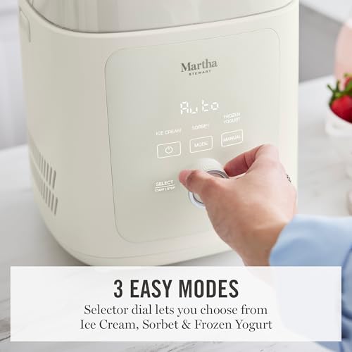 Martha Stewart 1 Quart Ice Cream Maker, Built-In Compressor, No Pre-Freezing Required, 3 Modes (Ice Cream, Sorbet, Frozen Yogurt), Automatic Mix-In Alert, Dishwasher-Safe Parts, Linen Cream