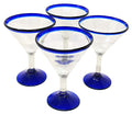 Mexican Hand Blown Glass – Set of 4 Hand Blown Modern Margarita Glasses - Blue Rim (12 oz)