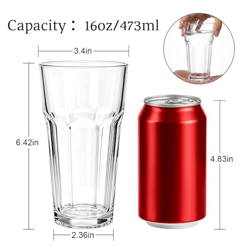 Mapoxy 16 oz Highball Glasses 6 Pack, Thick Lead-Free Glass Tumblers with Heavy Base, Clear Drinking Glasses for Water, Juice, Beer, Cocktails, Dishwasher Safe Bar Glassware, Ideal Gifts