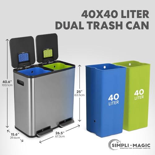 SIMPLI-Magic 21 Gallon (80L) Dual Compartment Kitchen Trash Can - Hands-Free Step Pedal, Soft-Close Lid, Stainless Steel Recycling Bin with Odor Filter (40L + 40L)