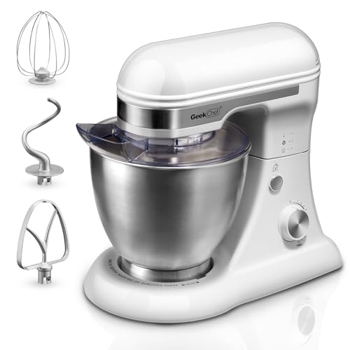 Geek Chef Electric Stand Mixer, 4.8QT 12 Speeds Tilt-head Food Mixer with Dough Hook, Whisk, Beater, Bowl, Rotary Knob for Home Kitchen Use, Bright White