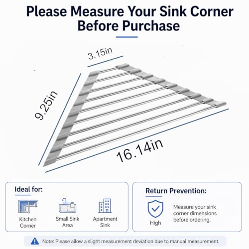 ERIUZB Triangle Roll Up Dish Drying Rack Over Sink, Silicone Wrapped Anti Slip Sink Organizer, Rust Proof Corner Dish Rack, Foldable Heat Resistant Kitchen Sink Organizer for Small Kitchens