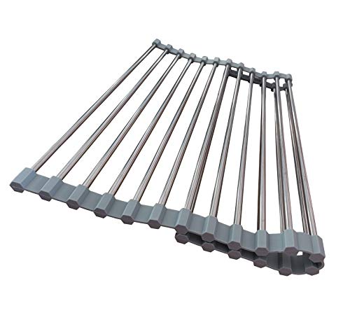 D DrNeeko Roll Up Dish Drying Rack, Stainless Steel and Silicone Dish Drying Mat Over The Sink Foldable Drain Rack Multipurpose Dish Drainer for Kitchen, 14.5” x 14”, Gray