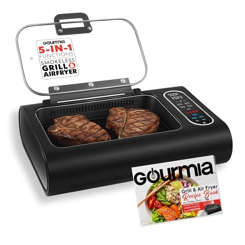 Gourmia Smokeless Indoor Grill, Air Fryer Combo with Smoke Extractor, 5 Cooking Presets, Grill, Air Fry, Roast