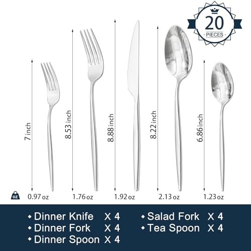 KINGSTONE Silverware Set, 20-Piece Flatware Set Cutlery Set Premium 18/10 Stainless Steel, Tableware Include Forks Knives Spoons for Home Kitchen Restaurant Wedding, Dishwasher Safe