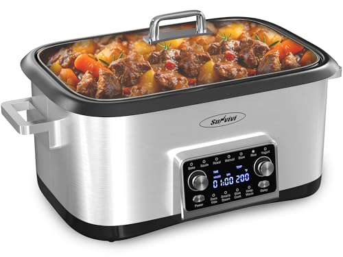 Sunvivi 8 Quart Slow Cooker Roaster Oven, 12 in 1 Programmable Multi-Cooker with Digital Timer, Temp Control, Keep Warm, Removable Non-stick Aluminum Pot & Dishwasher-Safe Glass Lid, Stainless Steel