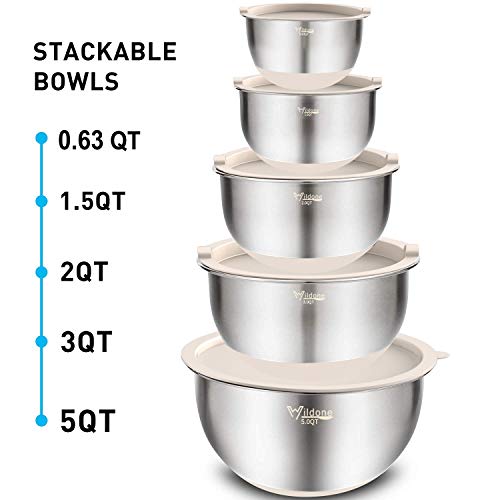 Wildone Mixing Bowls with Airtight Lids Set, 5PCS Stainless Steel Khaki Nesting Bowls for Kitchen, with Grater Attachments & Non-Slip Bottoms, Size 5, 3, 2, 1.5, 0.63 QT, Great for Mixing & Serving