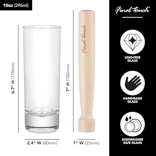 Final Touch Premium Mojito Set - Includes 2 Tom Collins Glasses & Wooden Muddler - 10oz Slim Highball Glasses with Thick Base - Complete Cocktail Kit for Perfect Mojitos (FTA1835)