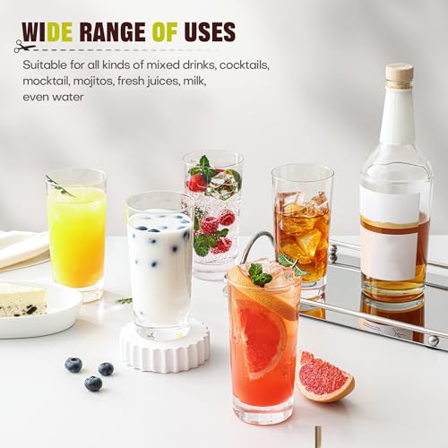 OUWO Highball Glasses Set of 12, 13oz Tall Drinking Glasses, Water Glass for Kitchen, Tom Collins Glasses, Mojito Glass Cups, Cocktail Glasses for Bar Glassware