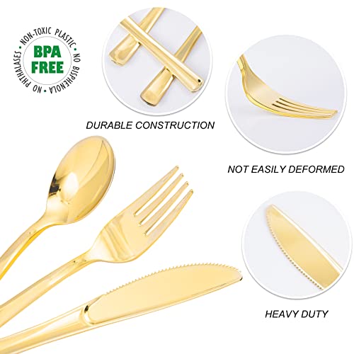 N9R 300PCS Gold Plastic Silverware, Heavy Duty Gold Plastic Cutlery Set Disposable Flatware Dinnerware, 100 Forks, 100 Spoons, 100 Knives, Perfect for Party, Wedding and Daily Use