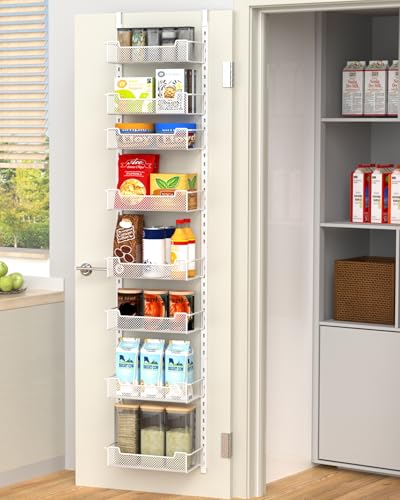 VyGrow 12.3" W Narrow Over the Door Pantry Organizer, 8-Tier Over the Door Organizer with Adjustable Basket, Pantry Door Organization for Pantry Kitchen Storage Room Spice Rack, White