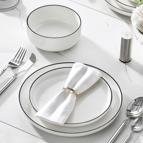 MALACASA Plates and Bowls Sets, 12 Pieces Modern Porcelain Dinnerware Set for 4 White Kitchen Dinner Dining Ware Set wtih Black Rim Ceramic Dishware Dishes Microwave and Dishwasher Safe, Series LUNA