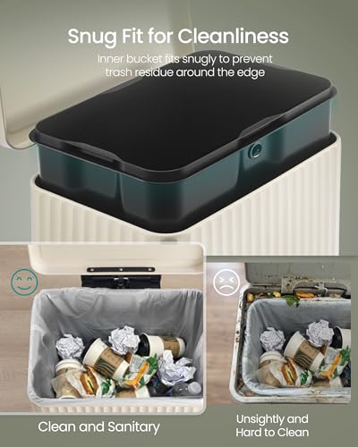 SONGMICS Trash Can, 13 Gallon (50 L) Garbage Can for Kitchen, with Lid, Pedal, and Removable Inner Bucket, Soft Close, Stainless Steel, 15 Trash Bags (Code K) Included, Cream White ULTB586LZ01