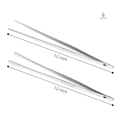 ChefBee Kitchen Cooking Tongs Tweezers - 2PCS 12" Stainless Steel Kitchen Utensils, Metal Fine Tweezers Tongs with Precision Serrated Tips for Chef, Serving Food, Grill, Culinary, Pasta, Salad, BBQ