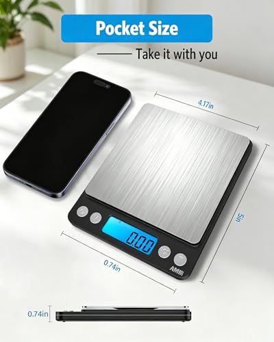 AMIR Digital Kitchen Scale, 500g/0.01g Mini Pocket Jewelry Scale, Cooking Food Scale with Backlit LCD Display, 2 Trays, 6 Units, Auto Off, Tare, PCS Function, Stainless Steel, Battery Included, Black