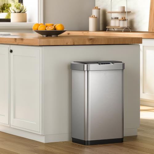 EKO Mirage-T 50 Liter / 13.2 Gallon Touchless Rectangular Motion Sensor Trash Can, Brushed Stainless Steel Finish