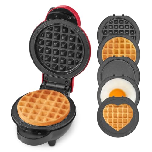 Dash MultiMaker® Mini System - Compact Waffle Maker for Family Breakfasts - Removable Griddle Plates & nonstick surface - 5 Plates - Red