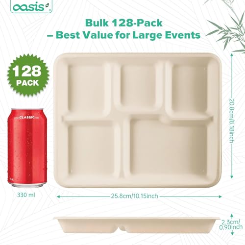 OasisSN 10x8 128-Pack 5-Compartment Divided Plates, Ideal for Light Meals, Kids Lunch, Meal Prep & Party, Heavy Duty Compostable Bagasse Plates, Microwave Safe, Natural