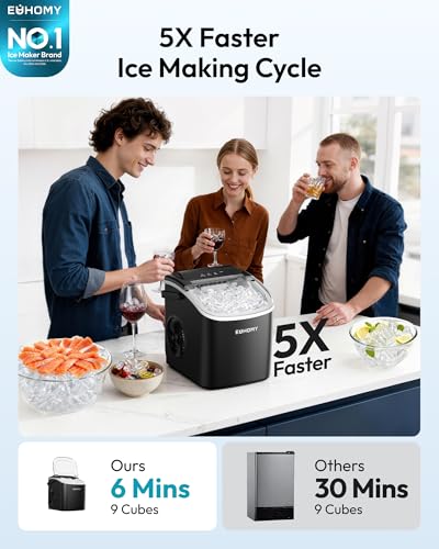 EUHOMY Countertop Ice Maker Machine with Handle, 26.5lbs Per Day, 9 Ice Cubes Ready in 6 Mins, Auto-Cleaning Portable Ice Maker with Basket and Scoop, for Home/Kitchen/Camping/RV (Black)