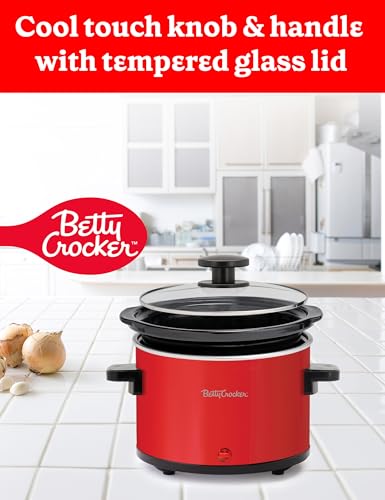 Betty Crocker 0.7-Quart Mini Slow Cooker, Chocolatier & Simmer Pot, Electric Pot with Removable Stoneware Crock, Cool Touch Handles, Tempered Glass Lid, Perfect for Fondue & Dips, BC-2555R, Red