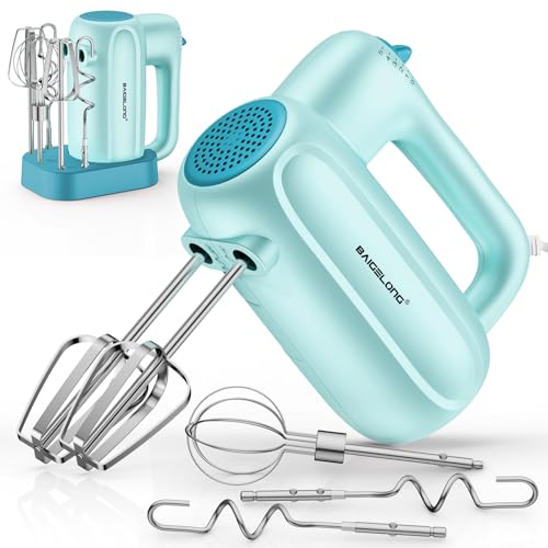 BAIGELONG Hand Electric Mixer, 5-Speed KitchenMixer with 5 * 304 Stainless Steel Attachments + Storage Base, Food Handheld Mixer for Baking, Whipping Cream, Cake Mixing, Blue