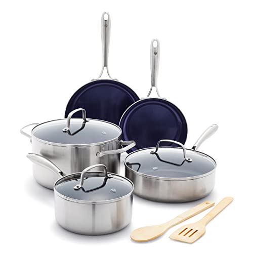 Blue Diamond HD Stainless Steel Clad Pro 10 Piece Cookware Pots and Pans Set, Diamond Infused Ceramic Nonstick