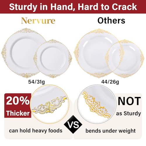 Nervure 700PCS Gold Plastic Plates - Gold Plastic Dinnerware Sets for 100 Guests - 200 Disposable Plates, 300 Silverware, 100 Cups, 100 Napkins for Wedding & Party & Graduation