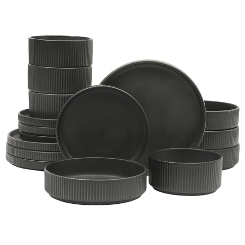 Gibson Elite Deerfield 16-Piece Stoneware Dinnerware Set – Matte Black Reactive Glaze Plates and Bowls, Stackable, Modern Design, Service for 4 – Microwave & Dishwasher Safe