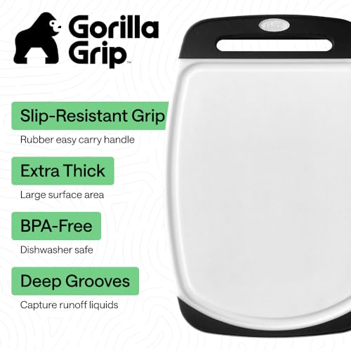 GORILLA GRIP BPA-Free Reversible Kitchen Cutting Board Set of 3, US Designed, Nonporous, Juice Grooves Catch Liquid, Slip Resistant Border, Dishwasher Safe, Durable Large Food Chopping Boards, Black