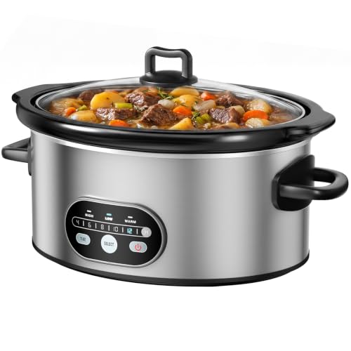 OLIXIS Slow Cooker 6 Quart, Ceramic Nonstick Coating, Programmable Slow Cooker with Dishwasher Stoneware Pot and Tempered Glass Lid, Multi Cookers with 3 Temperature, 35in Tangle Free Cord, Silver