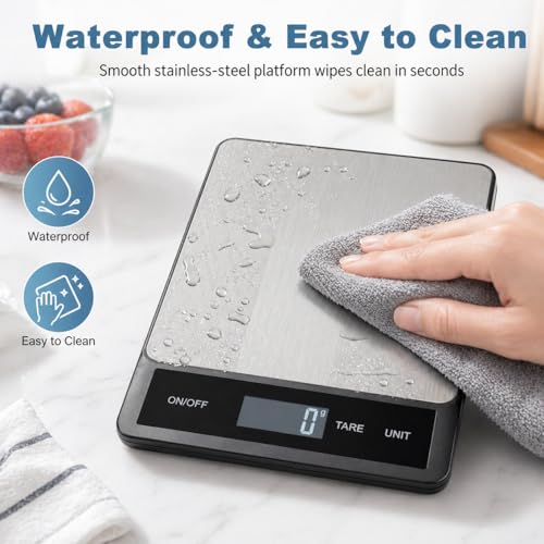 33LB/15KG Digital Kitchen & Food Scale – Waterproof Stainless Steel, USB Rechargeable, 1g Precision, Tare Function for Cooking, Baking, Meal Prep