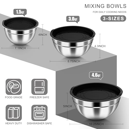 HaWare Mixing Bowls with Airtight Lids, 6-Piece Stainless Steel Salad Bowls, Strong Nesting Bowls for Cooking, Prepping, Baking, Serving & Food Storage, Stackable Design, Size 4.6, 3, 1.5QT, Black