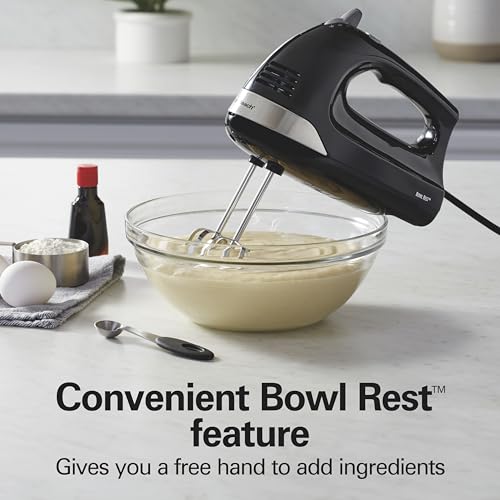 Hamilton Beach 6-Speed Electric Hand Mixer with Whisk, Dough Hooks and Easy Clean Beaters, Powerful 275 Watt Motor, Snap-On Storage Case, Black