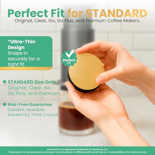 Gold Reusable Disc Filter Compatible with AeroPress STANDARD Coffee Makers – Fits Original, Clear, Premium, Go & Go Plus – Titanium-Coated Stainless Steel, Washable, Eco-Friendly - By Think Crucial