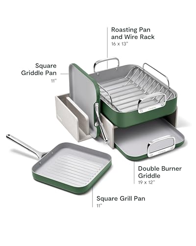 Caraway Square Cookware Set - Square Pans Set - Perfect for Griddling, Toasting, Searing, Roasting, and More - Non-Stick Ceramic Coated Pans - Non Toxic, PTFE & PFOA Free - Sage