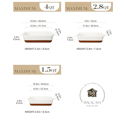 MALACASA Casserole Dishes for Oven, Ceramic Baking Dishes Set of 3, Baking Pan Casserole Dish Set, Rectangular Lasagna Pan Deep with Handles for Baking, Khaki White (14.5''/13''/10.5''), Series TARA