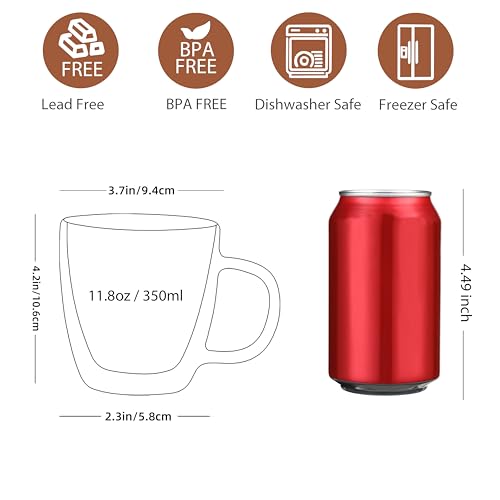 CNGLASS Glass Coffee Mugs 12oz,Double Walled Insulated Cappuccino Mug with Handle,Clear Espresso Cups for Cappuccino,Latte,Tea Bags,Hot and Cold Beverages,Set of 4
