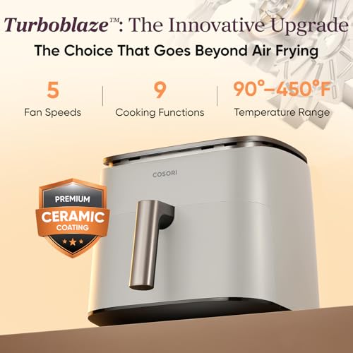 Cosori 9-in-1 TurboBlaze Air Fryer 6 Qt, Premium Ceramic Coating, 90°–450°F, Precise Heating for Even Results, Air Fry, Roast, Bake, Broil, Dry, Frozen, Proof, Reheat, Keep Warm, 120V, Light Gray