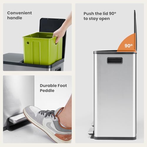 DUMOS Kitchen Trash Can, 2x8-Gallon Dual Trash Can with Lid, Stainless Steel Garbage Bin with 2 Removable Inner Buckets, Soft-Close Foot Pedal, Fingerprint-Resistant for Kitchen, Home, Office