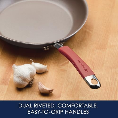 Rachael Ray Cucina Dishwasher-Safe Hard-Anodized Pots and Pans Set Non Stick Cookware, 12-Piece, Gray with Red Handles