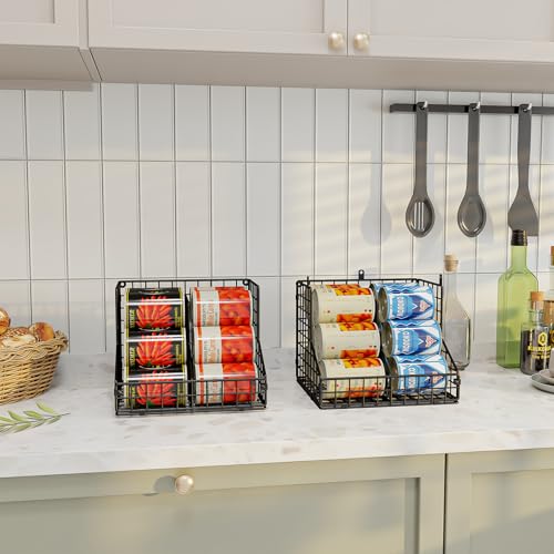 Stackable Can Organizer for Pantry with 2 Adjustable Dividers, Soda Can Organizer, Can Storage Dispenser Holds up to 28 Cans, 2 tier Metal Wire Baskets Can Holder for Kitchen Cabinet Pantry, Black