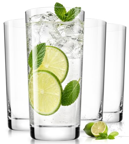 Potdoctor Drinking Glasses Set of 4, 16oz Wide Mouth Water Glass Cups, Lead-Free Crystal Glassware Set, Tall Cocktail Tumblers for Mojito, Tom Collins, Highball Glasses