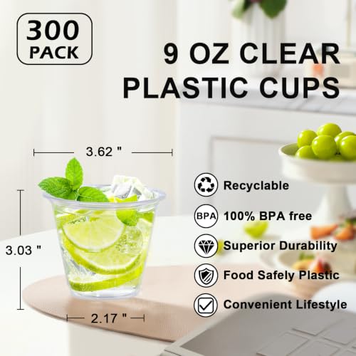 Lamosi 100 Pack 9 oz Clear Plastic Cups, Disposable Cups Wine Cocktail Punch, Sturdy & Food Safe Plastic Cup for Party & Wedding