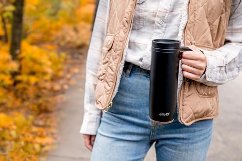 Ello Magnet 18oz Stainless Steel Travel Mug with Handle and Leak Proof Lid | Vacuum Insulated Coffee Cup Keeps Drinks Hot for 5 Hours | BPA Free Tumbler with Built In Coaster, Matte Black