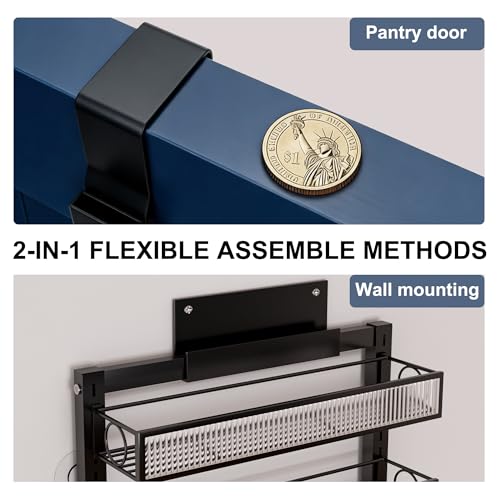 Clothink Over the Door Pantry Organizer 8 Tiers Hanging Door or Wall Mounted Spice Rack with Adjustable Acrylic Basket,Heavy Duty Metal Seasoning Storage Shelf for Kitchen Pantry and Bathroom