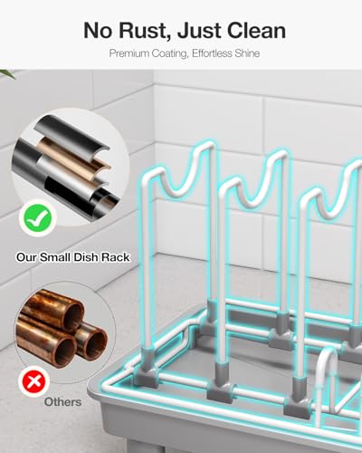 Nfnoyp Dish Rack, Carbon Steel Small Dish Drying Rack Rustproof for Kitchen Counter, Compact Space-Saving Dish Drainer with Adjustable Slots for Small Kitchens & Apartments, 16.5×6.5×7inch, Grey